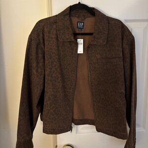 Gap Leopard Print Cropped Print Denim Chore Jacket